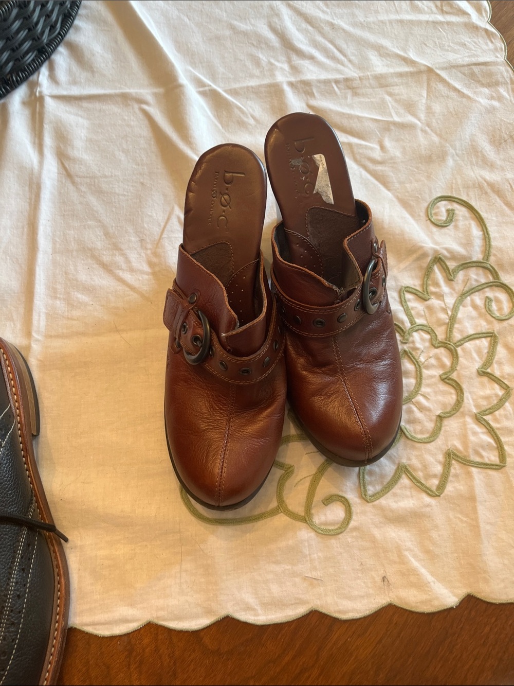 b.o.c. Brown Leather Slip-On Mules with Buckle